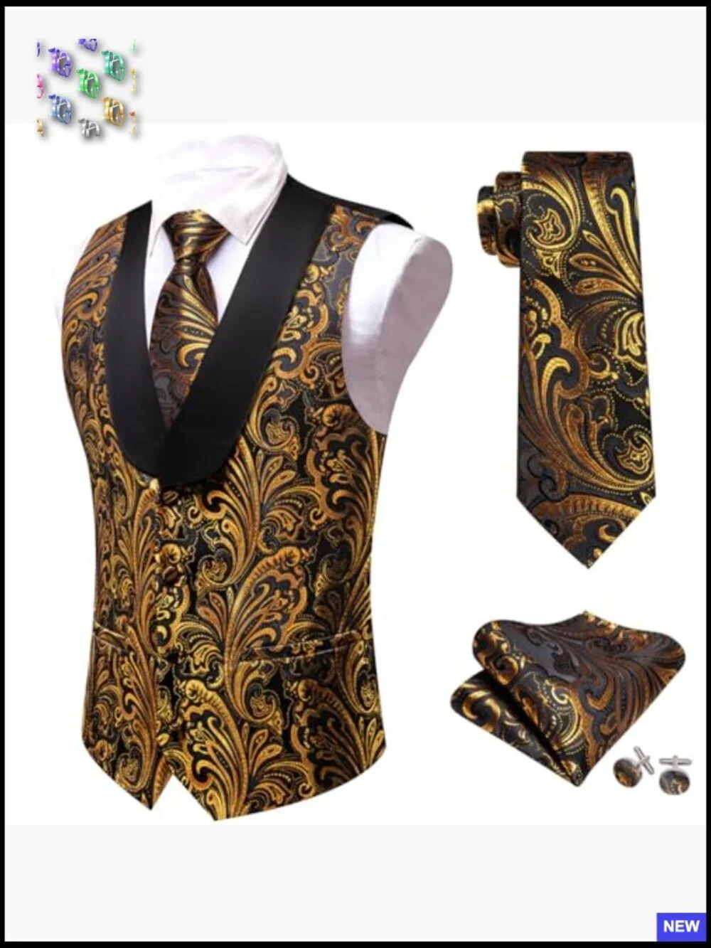 Silk Lapel Vest Set Formal Casual Paisley Tuxedo Waistcoat Tie Cufflinks